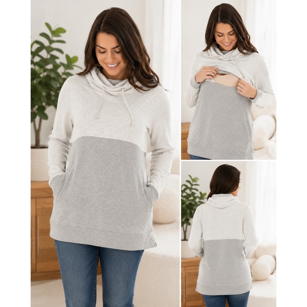 Nursing Queen Grey Colorblock Cowl Neck Nursing Sweatshirt Breastfeeding Top M